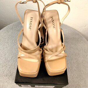 ISNOM Strappy Platform Block High Heels Sandals Nude Beige Womans Size 6 Party